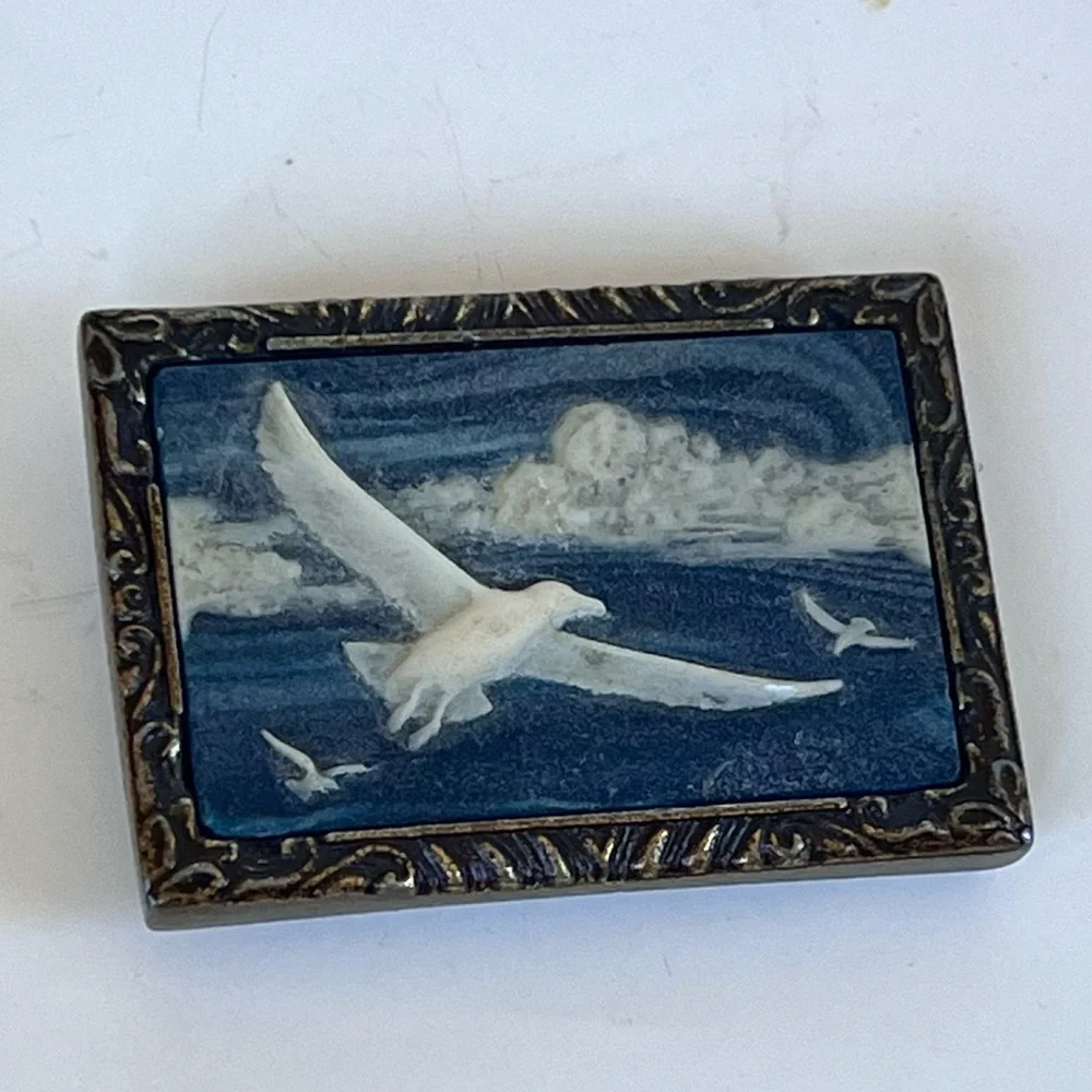 Vintage Incolay Belt Buckle Carved Stone Birds Sky Blue Coastal 1970s Brass